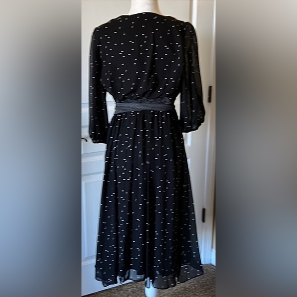 Maison Tara Dottie Faux Wrap Chiffon Midi Dress 3/4 Balloon Sleeves & Waist Sash - Picture 8 of 10